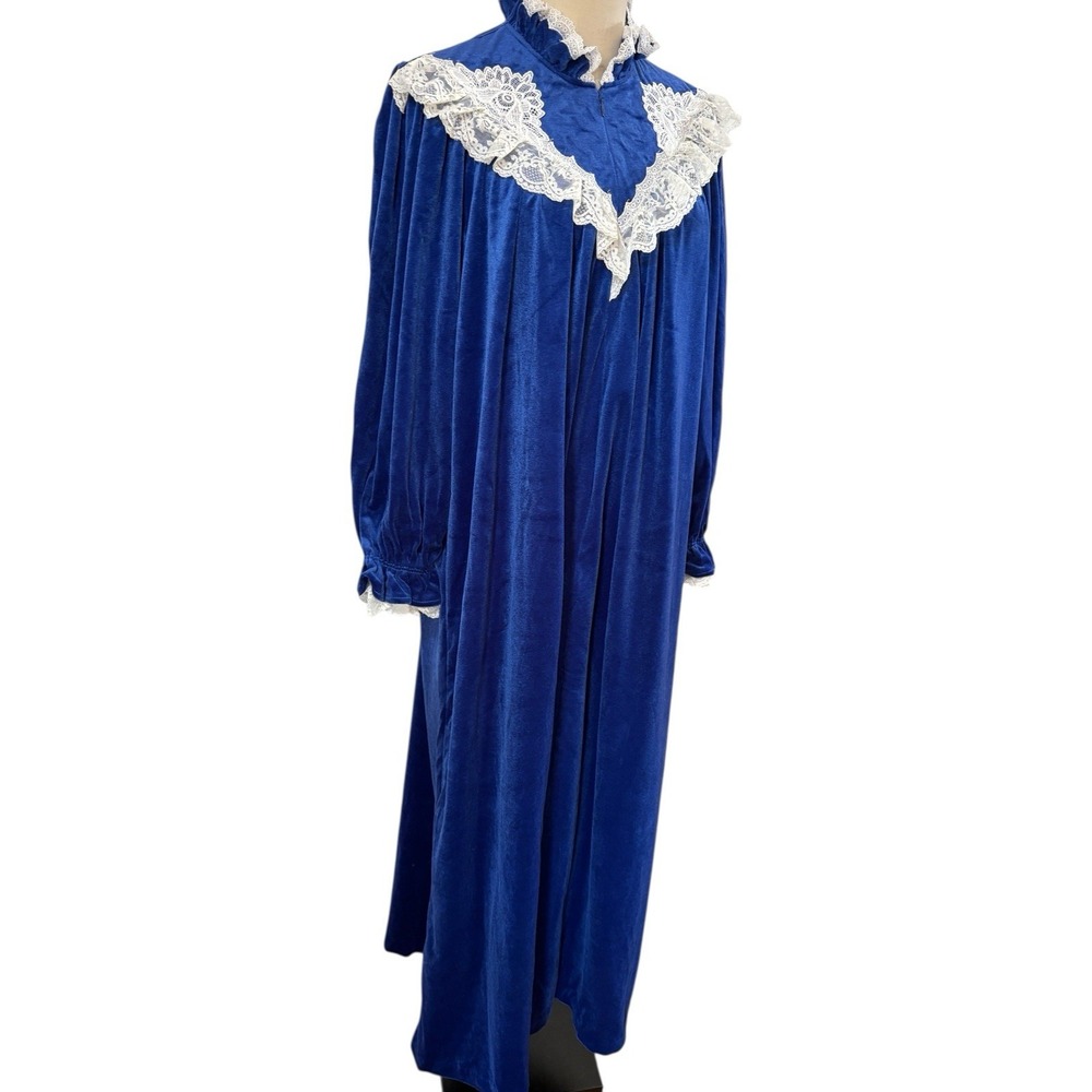 Vtg 70s Gilligan O'Malley Nightgown Blue Velvet Lace Ruffle Sz Xs Cottagecore - Picture 3 of 9